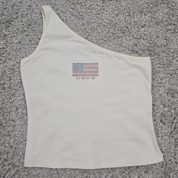 Bebe Top Women Large Off White One Shoulder Flag Rhinestone Y2K Stretch - Picture 2 of 10